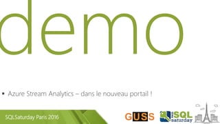 SQLSaturday Paris 2016
 Azure Stream Analytics – dans le nouveau portail !
 