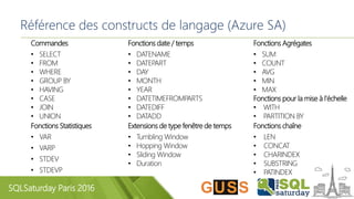 SQLSaturday Paris 2016
Référence des constructs de langage (Azure SA)
Commandes
• SELECT
• FROM
• WHERE
• GROUP BY
• HAVING
• CASE
• JOIN
• UNION
Extensions de type fenêtre de temps
• Tumbling Window
• Hopping Window
• Sliding Window
• Duration
Fonctions Agrégates
• SUM
• COUNT
• AVG
• MIN
• MAX
Fonctions pour la mise à l’échelle
• WITH
• PARTITION BY
Fonctions date / temps
• DATENAME
• DATEPART
• DAY
• MONTH
• YEAR
• DATETIMEFROMPARTS
• DATEDIFF
• DATADD
Fonctions chaîne
• LEN
• CONCAT
• CHARINDEX
• SUBSTRING
• PATINDEX
Fonctions Statistiques
• VAR
• VARP
• STDEV
• STDEVP
 