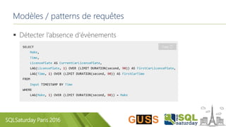 SQLSaturday Paris 2016
Modèles / patterns de requêtes
 Détecter l’absence d’évènements
 