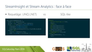 SQLSaturday Paris 2016
StreamInsight et Stream Analytics : face à face
 Requetâge: LINQ (.NET) vs SQL-like
 