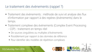 SQLSaturday Paris 2016
Le traitement des évènements (rappel ?)
 Traitement des évènements : méthode de suivi et analyse des flux
d’information par rapport à des repères (évènements) dans le
temps.
 Traitement complexe des évènements (Complex Event Processing
- CEP) : traitement en temps réel
 De sources singulières ou multiples d’évènements
 Possiblement par rapport à des données de référence
 Pour identifier des modèles de répétition complexes
 