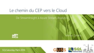 SQLSaturday Paris 2016
Le chemin du CEP vers le Cloud
De StreamInsight à Azure Stream Analytics
Marius Zaharia
 