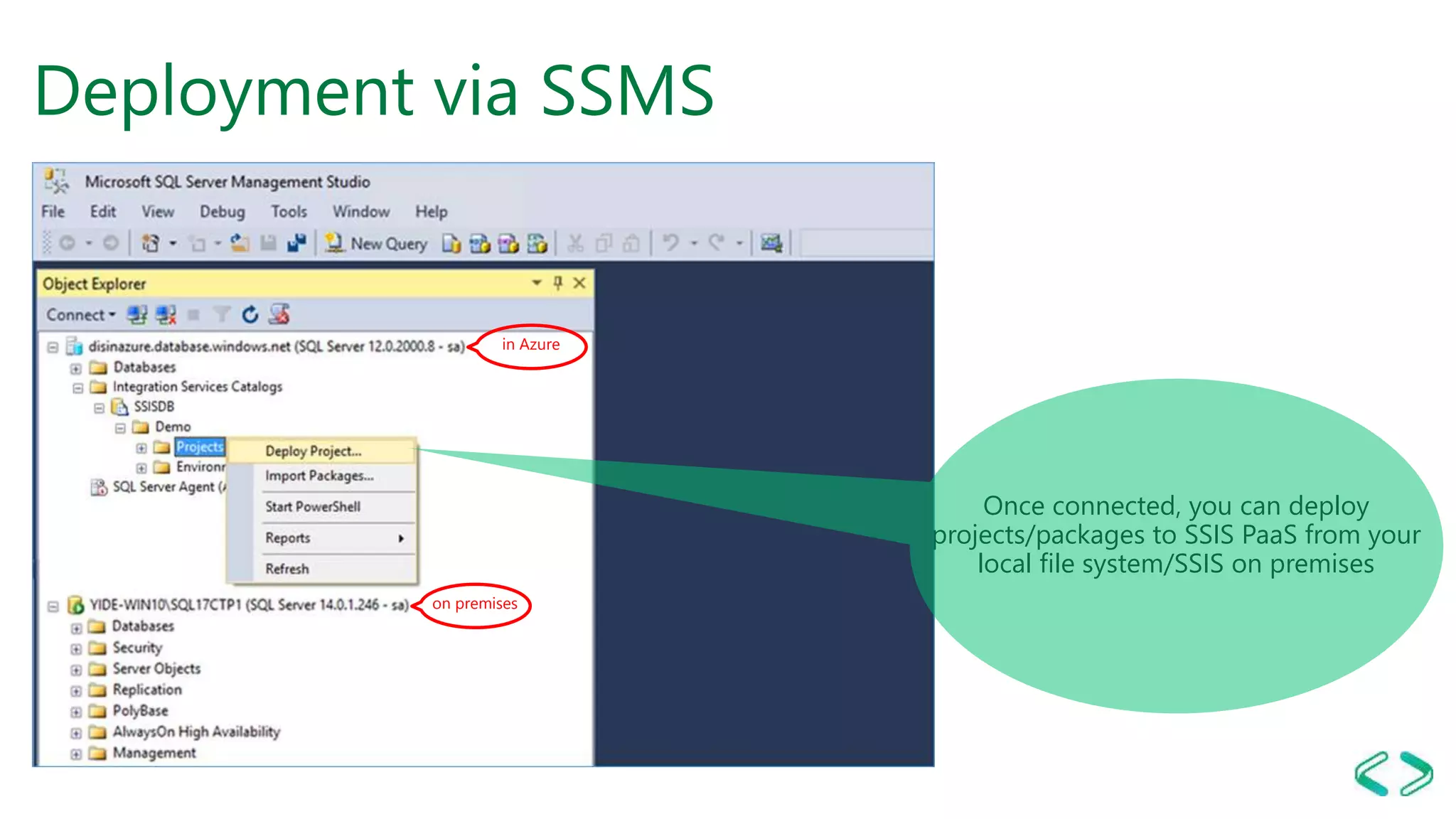 on premises
in Azure
Deployment via SSMS
Once connected, you can deploy
projects/packages to SSIS PaaS from your
local file system/SSIS on premises
 