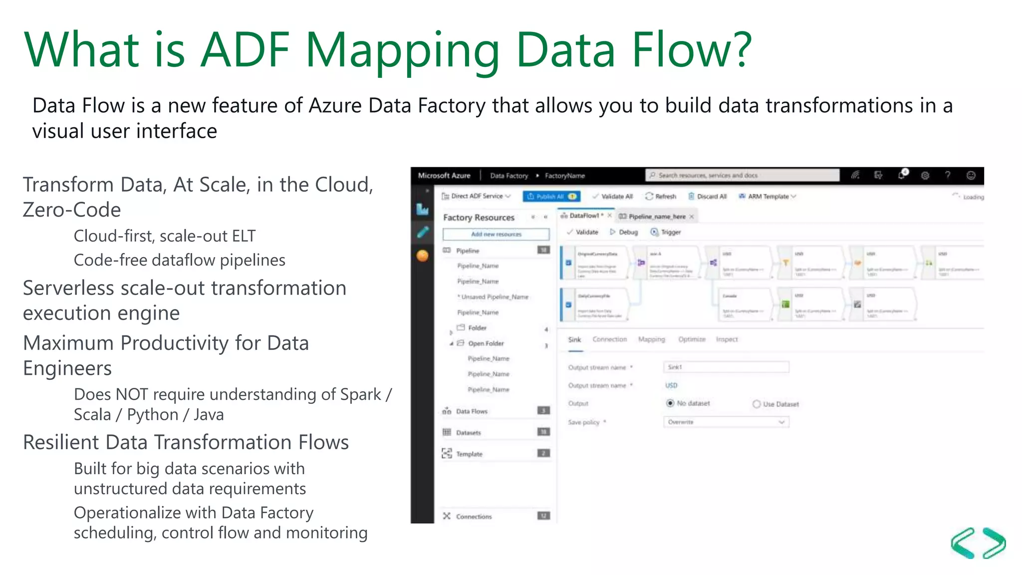 What is ADF Mapping Data Flow?
Transform Data, At Scale, in the Cloud,
Zero-Code
Cloud-first, scale-out ELT
Code-free dataflow pipelines
Serverless scale-out transformation
execution engine
Maximum Productivity for Data
Engineers
Does NOT require understanding of Spark /
Scala / Python / Java
Resilient Data Transformation Flows
Built for big data scenarios with
unstructured data requirements
Operationalize with Data Factory
scheduling, control flow and monitoring
 