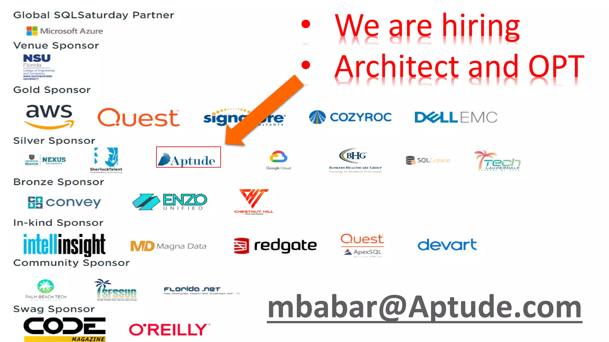 First ……Thank you !
•Organizing community – SQL Saturday !
•SQL PASS community !
•Last but not least.. All fellow speakers!
• We are hiring
• Architect and OPT
mbabar@Aptude.com
 