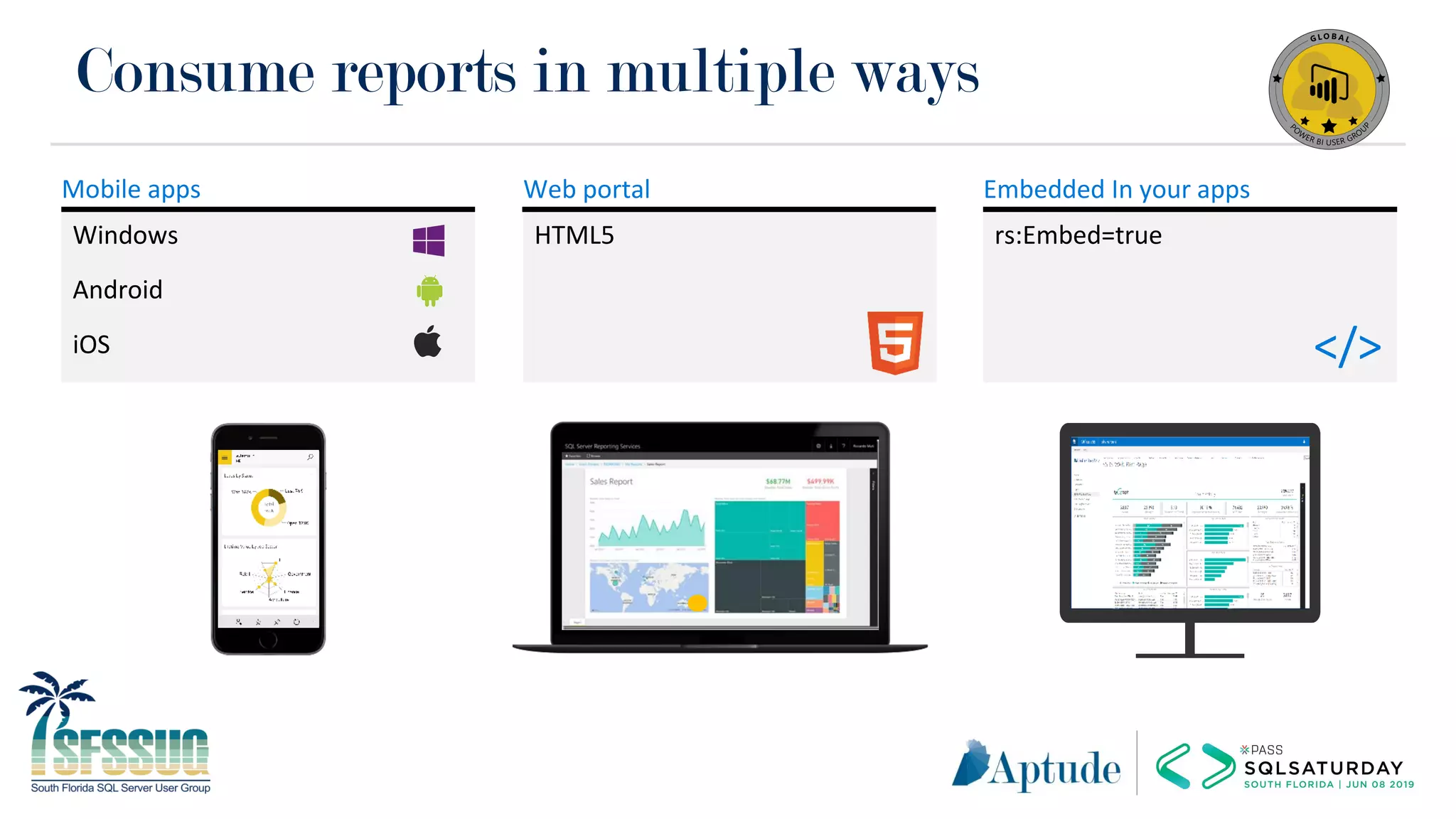 Consume reports in multiple ways
HTML5 rs:Embed=true
Mobile apps
</>
Windows
Android
iOS
Web portal Embedded In your apps
 