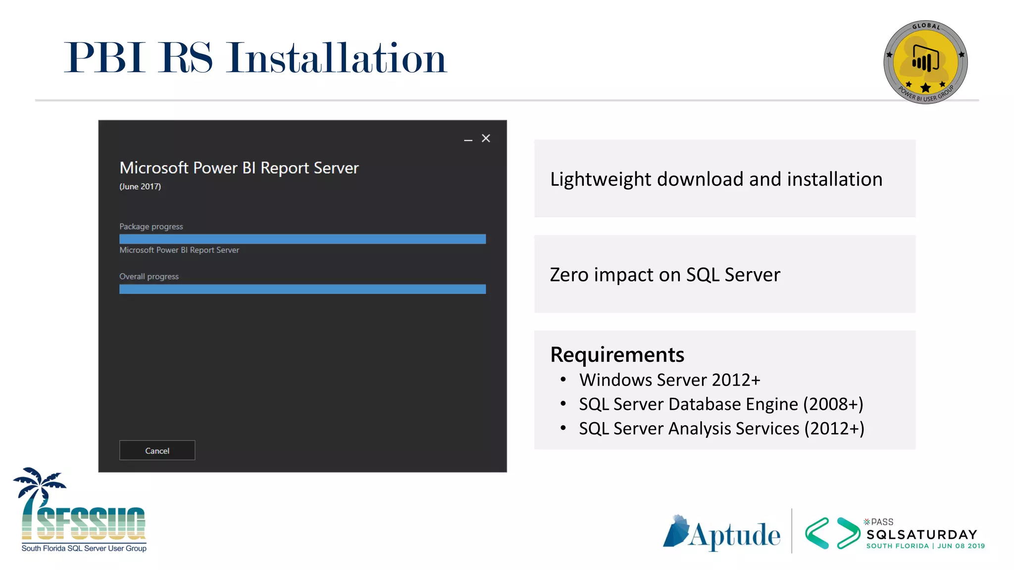 PBI RS Installation
Lightweight download and installation
Requirements
• Windows Server 2012+
• SQL Server Database Engine (2008+)
• SQL Server Analysis Services (2012+)
Zero impact on SQL Server
 
