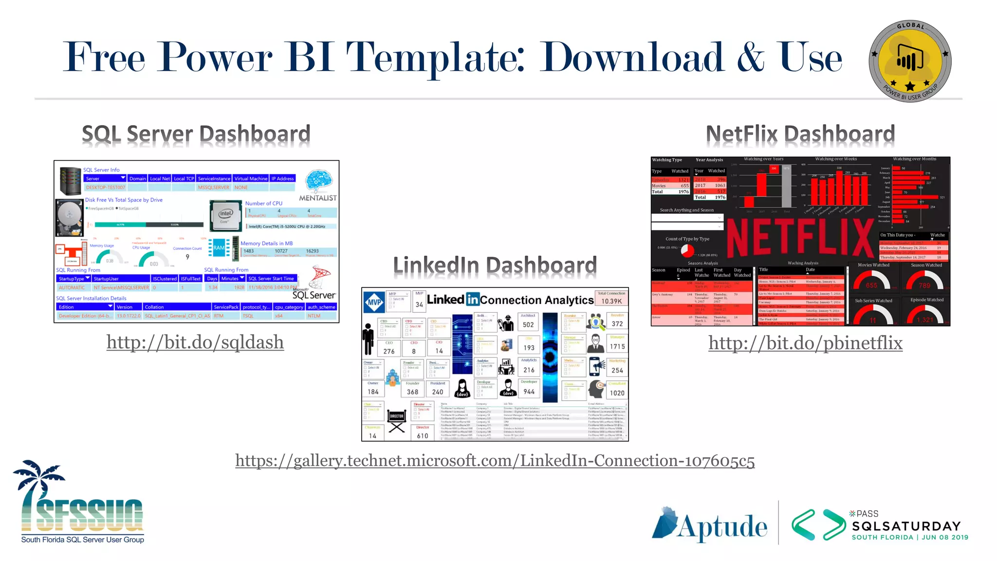 Free Power BI Template: Download & Use
http://bit.do/sqldash
https://gallery.technet.microsoft.com/LinkedIn-Connection-107605c5
http://bit.do/pbinetflix
 