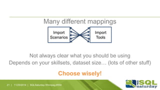 Many different mappings 
Import 
Scenarios 
Import 
Tools 
Not always clear what you should be using 
Depends on your skillsets, dataset size… (lots of other stuff) 
Choose wisely! 
21 | 11/25/2014 | SQLSaturday Winnipeg #350 
 