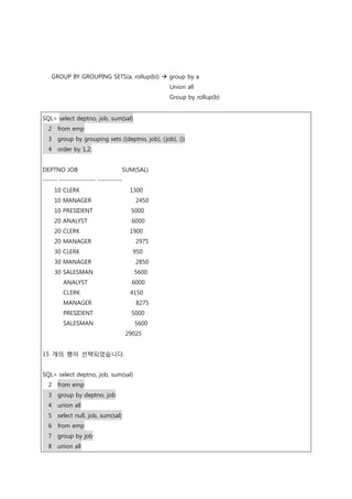 GROUP BY GROUPING SETS(a, rollup(b))  group by a
Union all
Group by rollup(b)
SQL> select deptno, job, sum(sal)
2 from emp
3 group by grouping sets ((deptno, job), (job), ())
4 order by 1,2;
DEPTNO JOB SUM(SAL)
------ --------------- ----------
10 CLERK 1300
10 MANAGER 2450
10 PRESIDENT 5000
20 ANALYST 6000
20 CLERK 1900
20 MANAGER 2975
30 CLERK 950
30 MANAGER 2850
30 SALESMAN 5600
ANALYST 6000
CLERK 4150
MANAGER 8275
PRESIDENT 5000
SALESMAN 5600
29025
15 개의 행이 선택되었습니다.
SQL> select deptno, job, sum(sal)
2 from emp
3 group by deptno, job
4 union all
5 select null, job, sum(sal)
6 from emp
7 group by job
8 union all
 