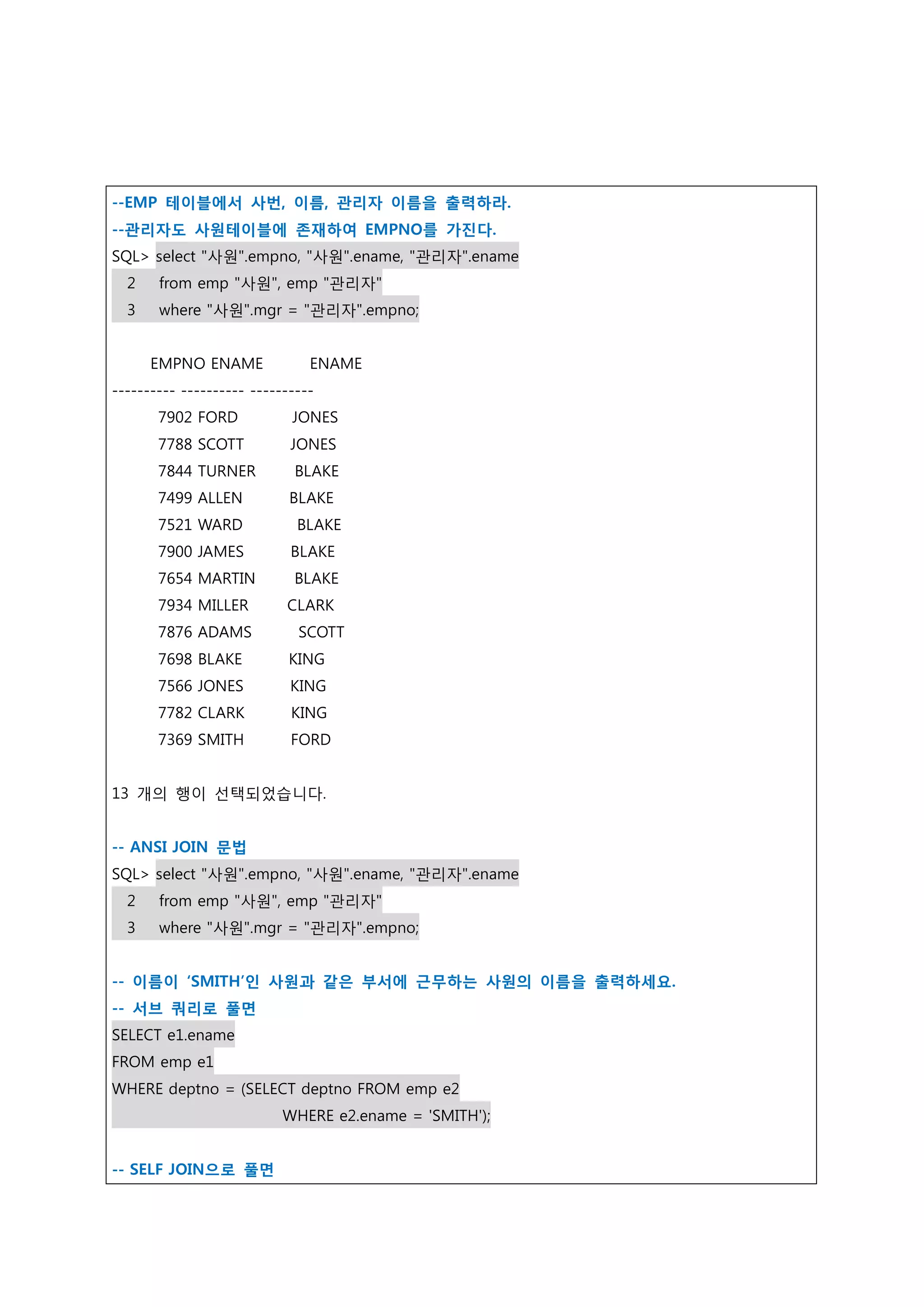 --EMP 테이블에서 사번, 이름, 관리자 이름을 출력하라. --관리자도 사원테이블에 존재하여 EMPNO를 가진다. SQL> select "사원".empno, "사원".ename, "관리자".ename 2 from emp "사원", emp "관리자" 3 where "사원".mgr = "관리자".empno; EMPNO ENAME ENAME ---------- ---------- ---------- 7902 FORD JONES 7788 SCOTT JONES 7844 TURNER BLAKE 7499 ALLEN BLAKE 7521 WARD BLAKE 7900 JAMES BLAKE 7654 MARTIN BLAKE 7934 MILLER CLARK 7876 ADAMS SCOTT 7698 BLAKE KING 7566 JONES KING 7782 CLARK KING 7369 SMITH FORD 13 개의 행이 선택되었습니다. -- ANSI JOIN 문법 SQL> select "사원".empno, "사원".ename, "관리자".ename 2 from emp "사원", emp "관리자" 3 where "사원".mgr = "관리자".empno; -- 이름이 ‘SMITH’인 사원과 같은 부서에 근무하는 사원의 이름을 출력하세요. -- 서브 쿼리로 풀면 SELECT e1.ename FROM emp e1 WHERE deptno = (SELECT deptno FROM emp e2 WHERE e2.ename = 'SMITH'); -- SELF JOIN으로 풀면 