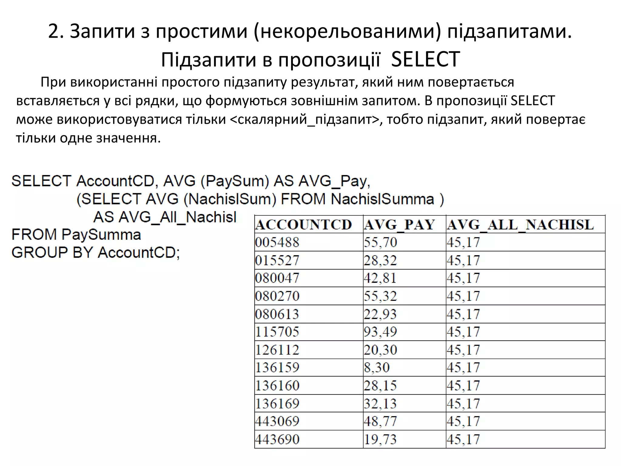 2. Запити з простими (некорельованими) підзапитами.
Підзапити в пропозиції SELECT
При використанні простого підзапиту результат, який ним повертається
вставляється у всі рядки, що формуються зовнішнім запитом. В пропозиції SELECT
може використовуватися тільки <скалярний_підзапит>, тобто підзапит, який повертає
тільки одне значення.
 