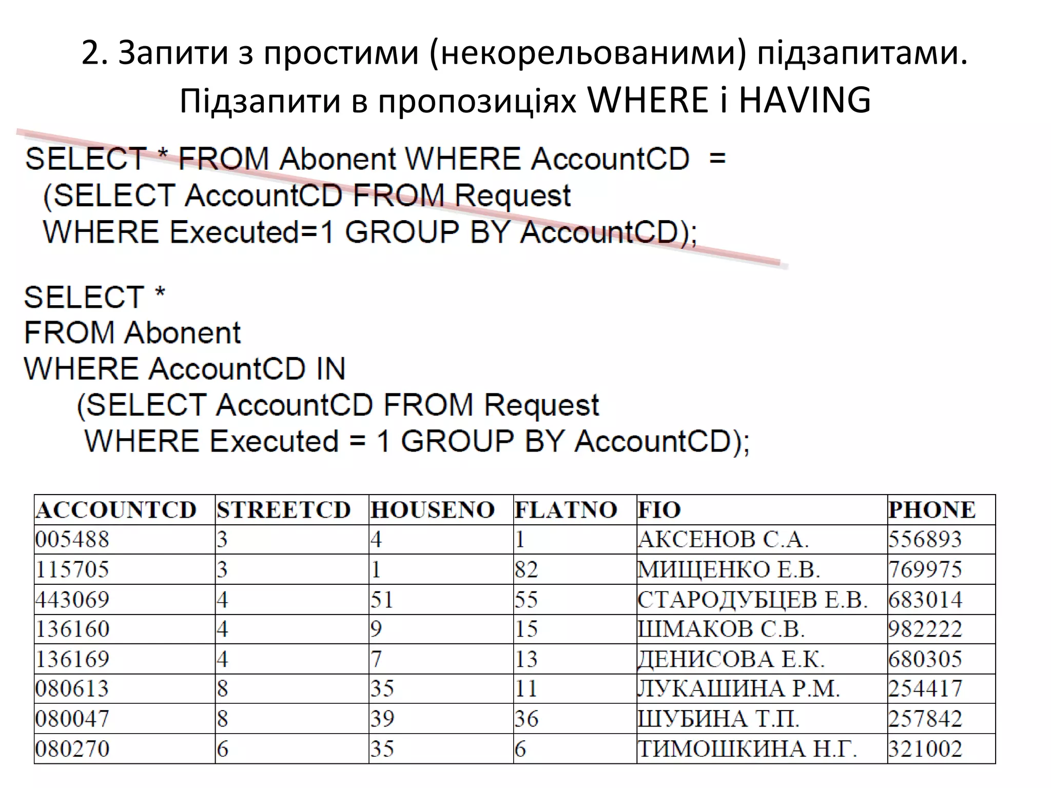 2. Запити з простими (некорельованими) підзапитами.
Підзапити в пропозиціях WHERE і HAVING
 