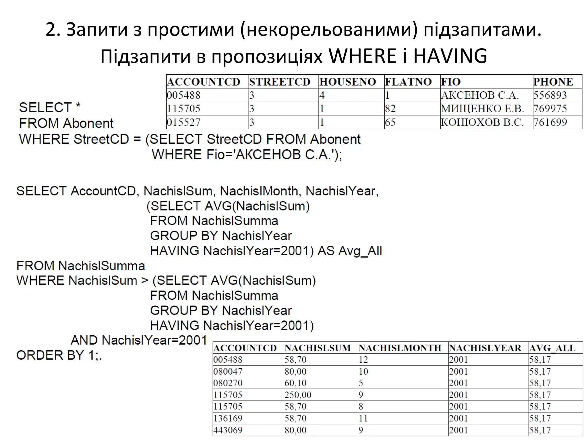 2. Запити з простими (некорельованими) підзапитами.
Підзапити в пропозиціях WHERE і HAVING
 