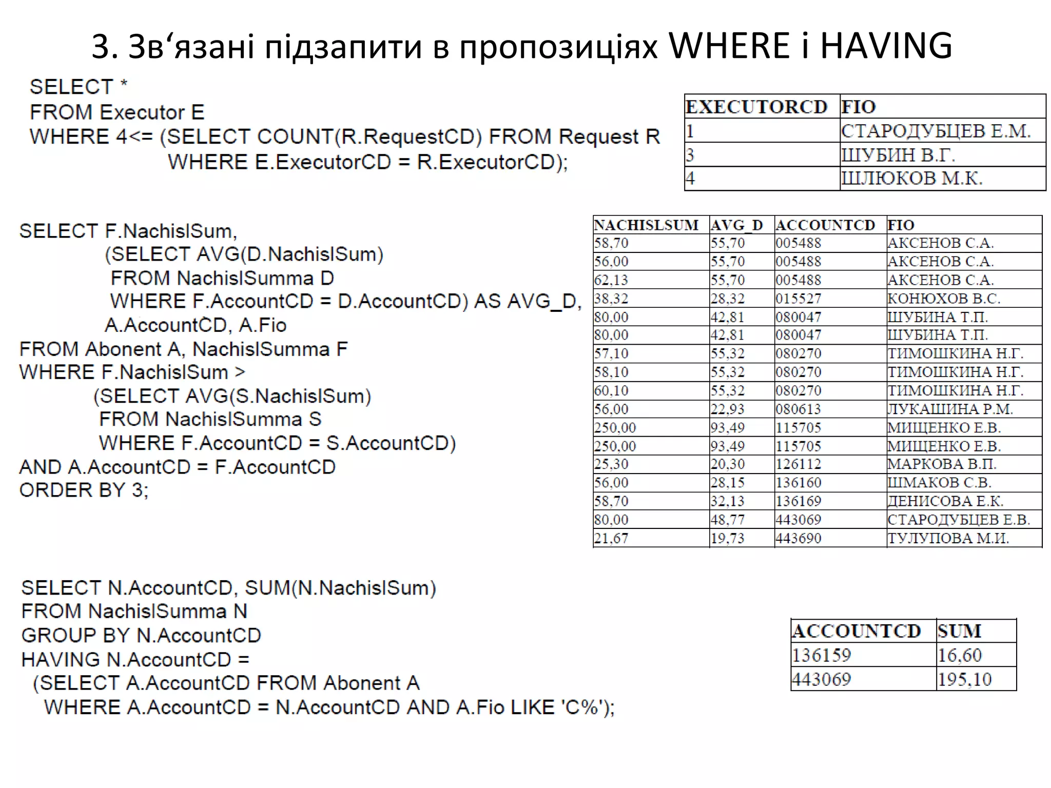 3. Зв‘язані підзапити в пропозиціях WHERE і HAVING
 