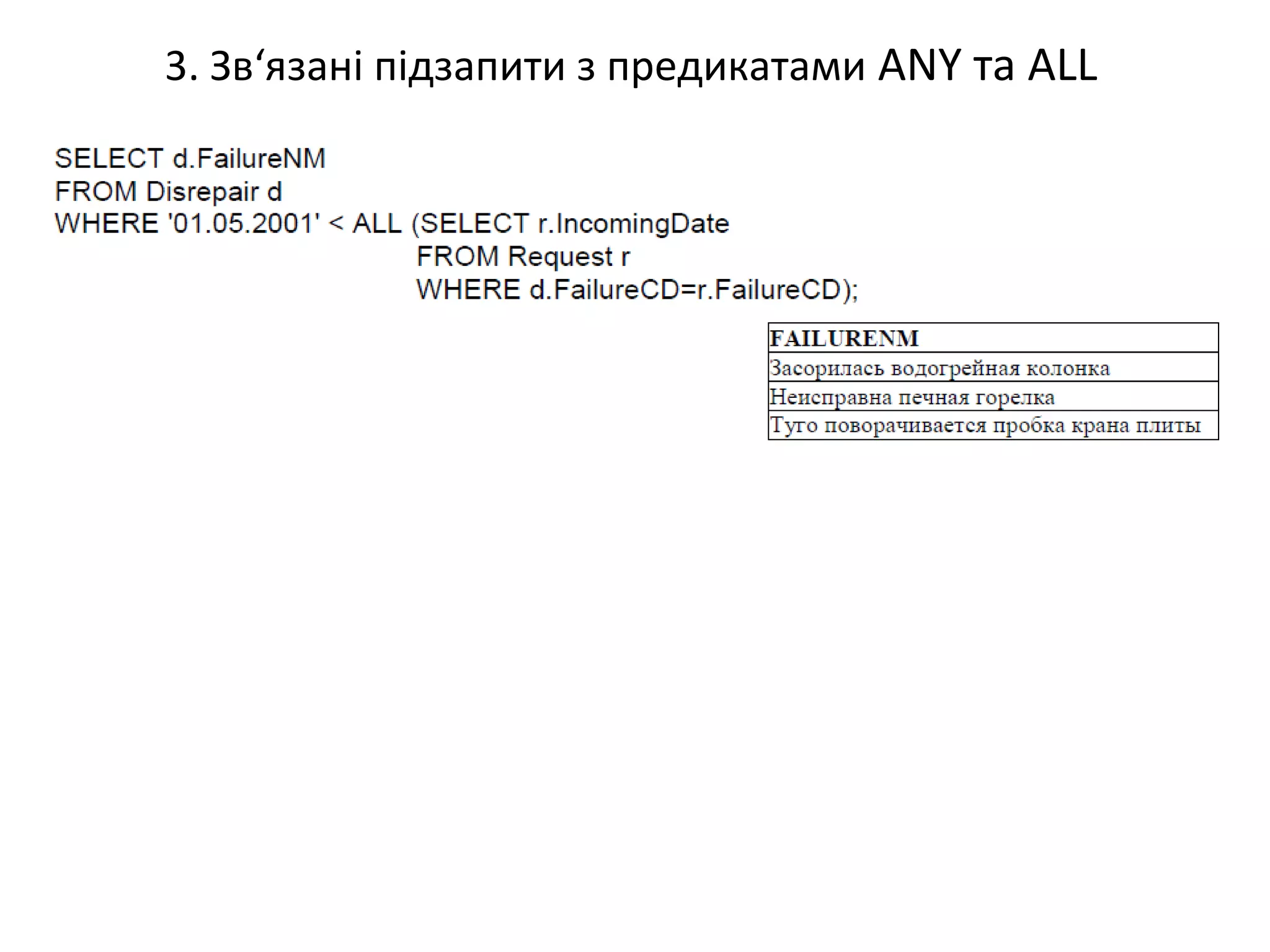 3. Зв‘язані підзапити з предикатами ANY та ALL
 