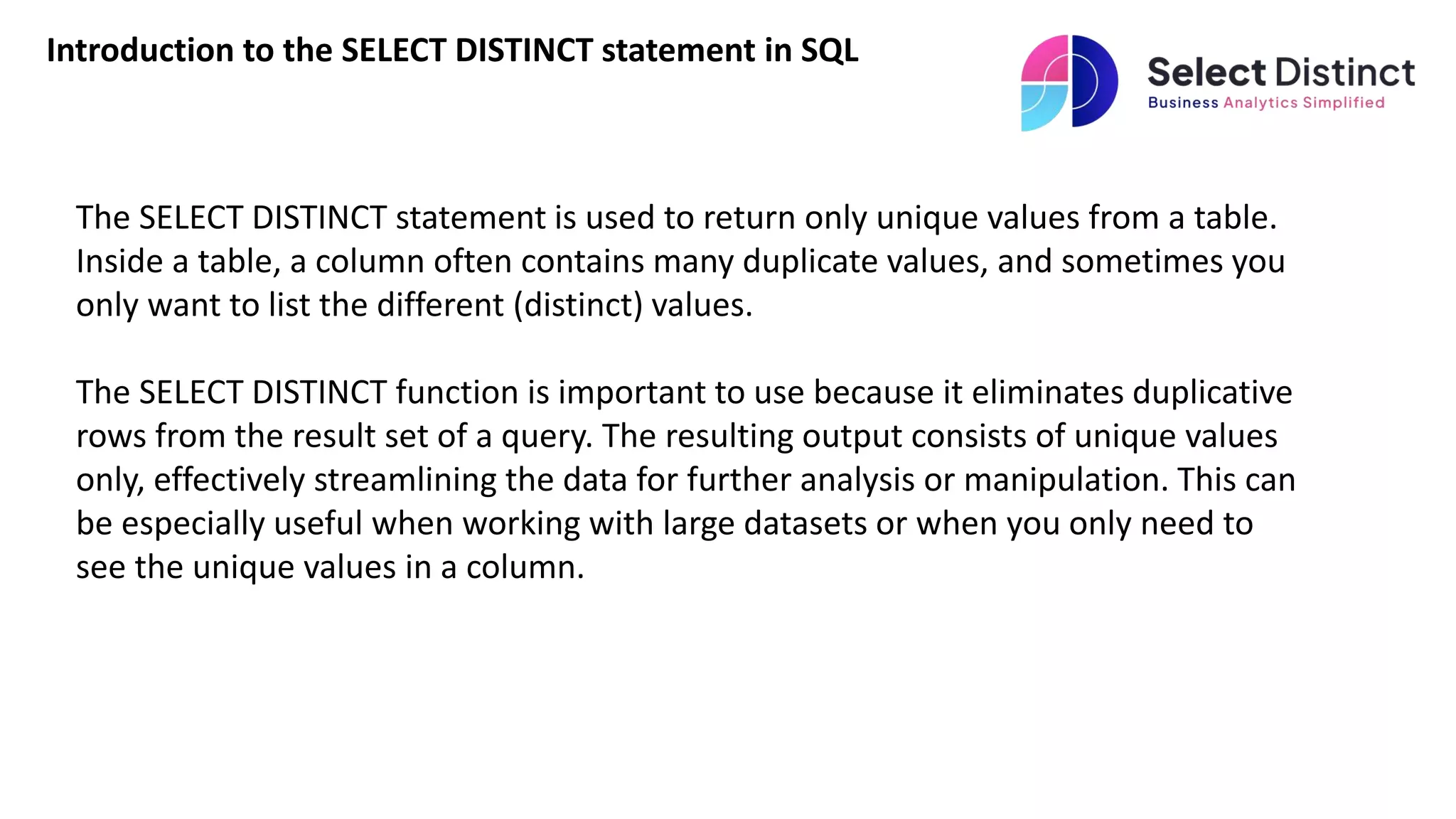 Sql select distinct statement ppt
