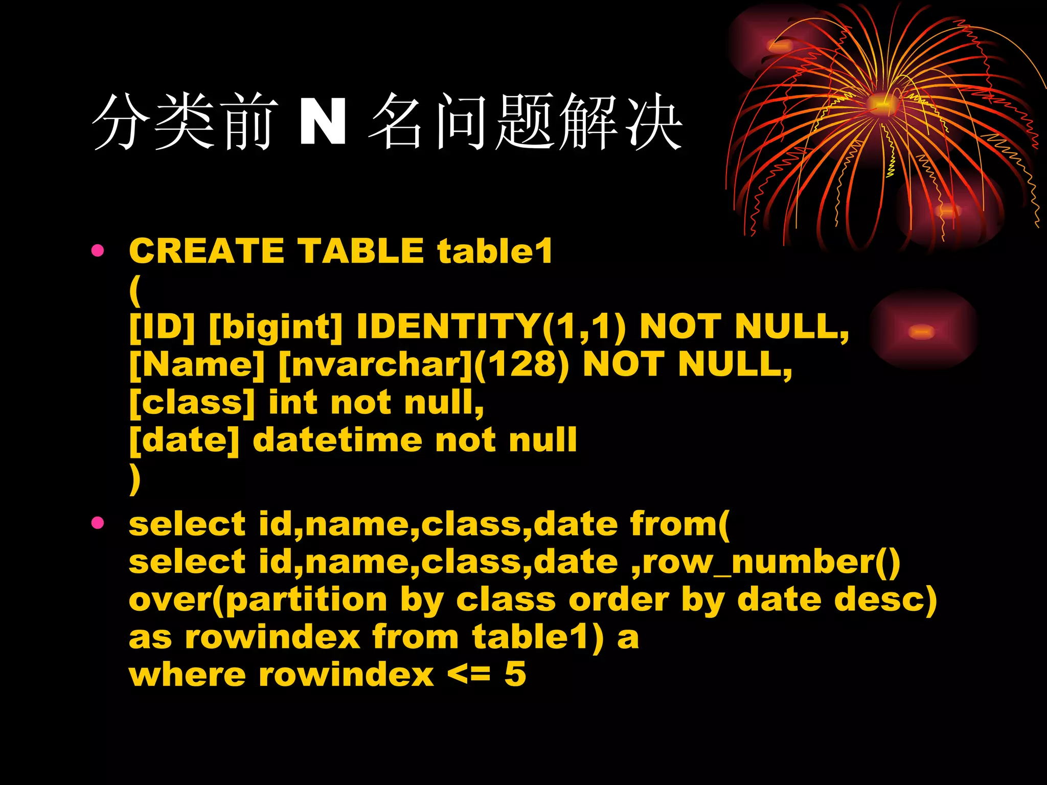 分类前 N 名问题解决 CREATE TABLE table1 ( [ID] [bigint] IDENTITY(1,1) NOT NULL, [Name] [nvarchar](128) NOT NULL, [class] int not null, [date] datetime not null )  select id,name,class,date from( select id,name,class,date ,row_number() over(partition by class order by date desc) as rowindex from table1) a where rowindex <= 5  