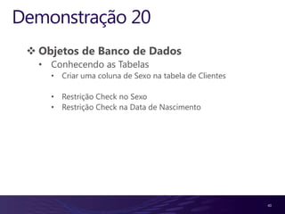 Fechando várias janelas de uma só vez17Criação de Banco de DadosModos de criação: Janela Object Explorer ouporcomandoT-SQLCREATE DATABASE NOME_DA_SUA_BASE