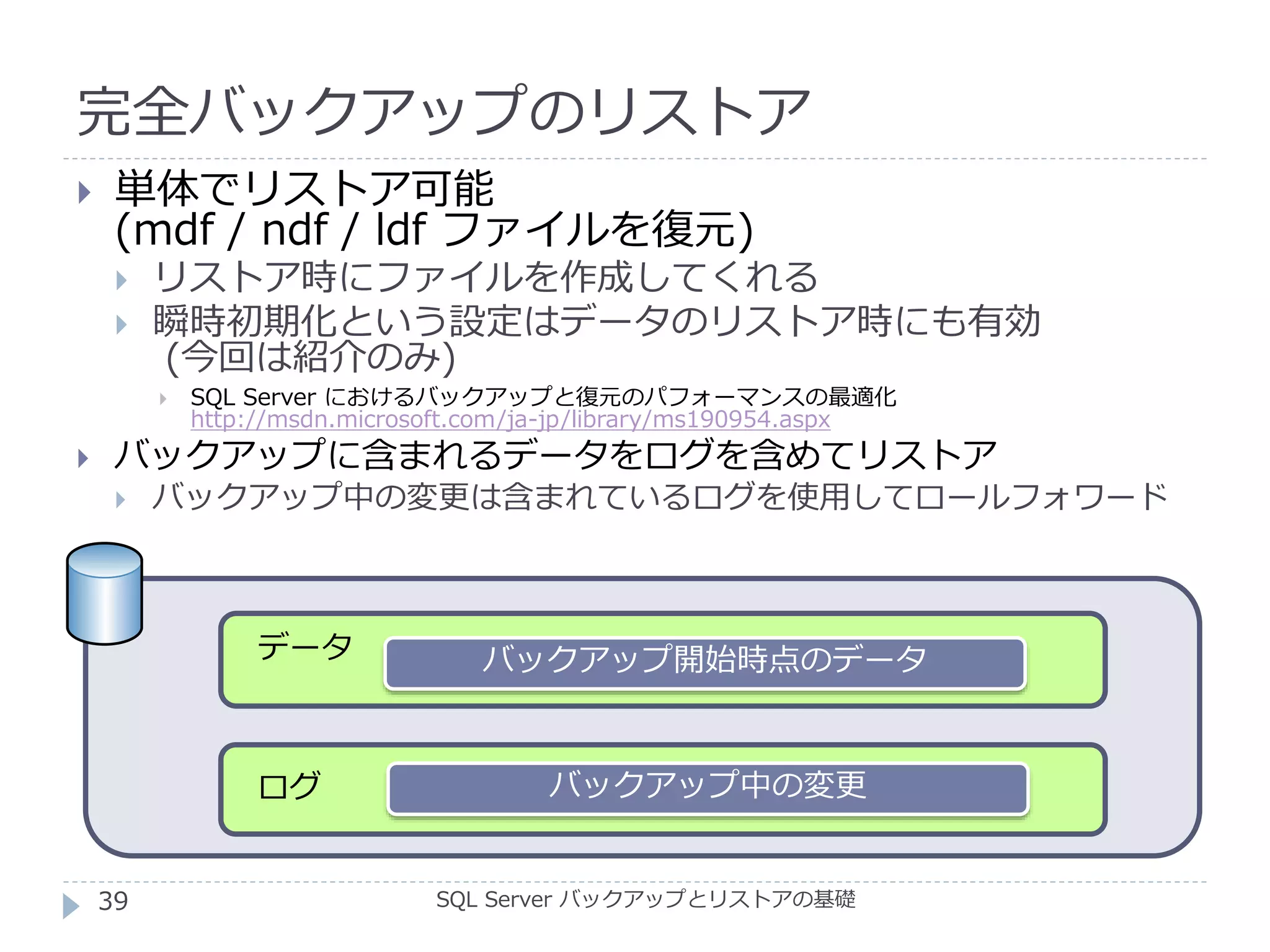 完全バックアップのリストア
SQL Server バックアップとリストアの基礎
 単体でリストア可能
(mdf / ndf / ldf ファイルを復元)
 リストア時にファイルを作成してくれる
 瞬時初期化という設定はデータのリストア時にも有効
(今回は紹介のみ)
 SQL Server におけるバックアップと復元のパフォーマンスの最適化
http://msdn.microsoft.com/ja-jp/library/ms190954.aspx
 バックアップに含まれるデータをログを含めてリストア
 バックアップ中の変更は含まれているログを使用してロールフォワード
データ
ログ
バックアップ開始時点のデータ
バックアップ中の変更
39
 