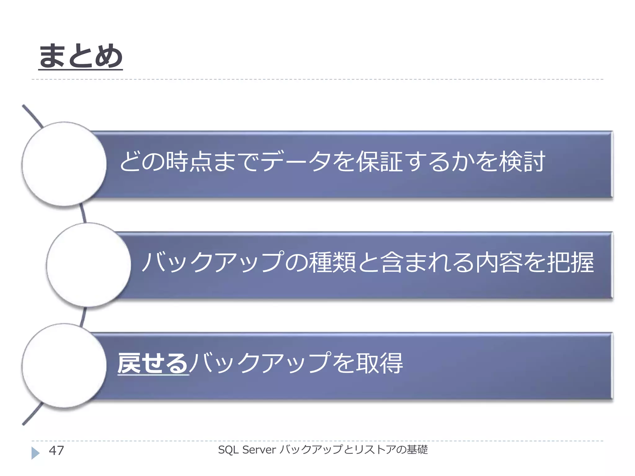 まとめ
SQL Server バックアップとリストアの基礎
どの時点までデータを保証するかを検討
バックアップの種類と含まれる内容を把握
戻せるバックアップを取得
47
 