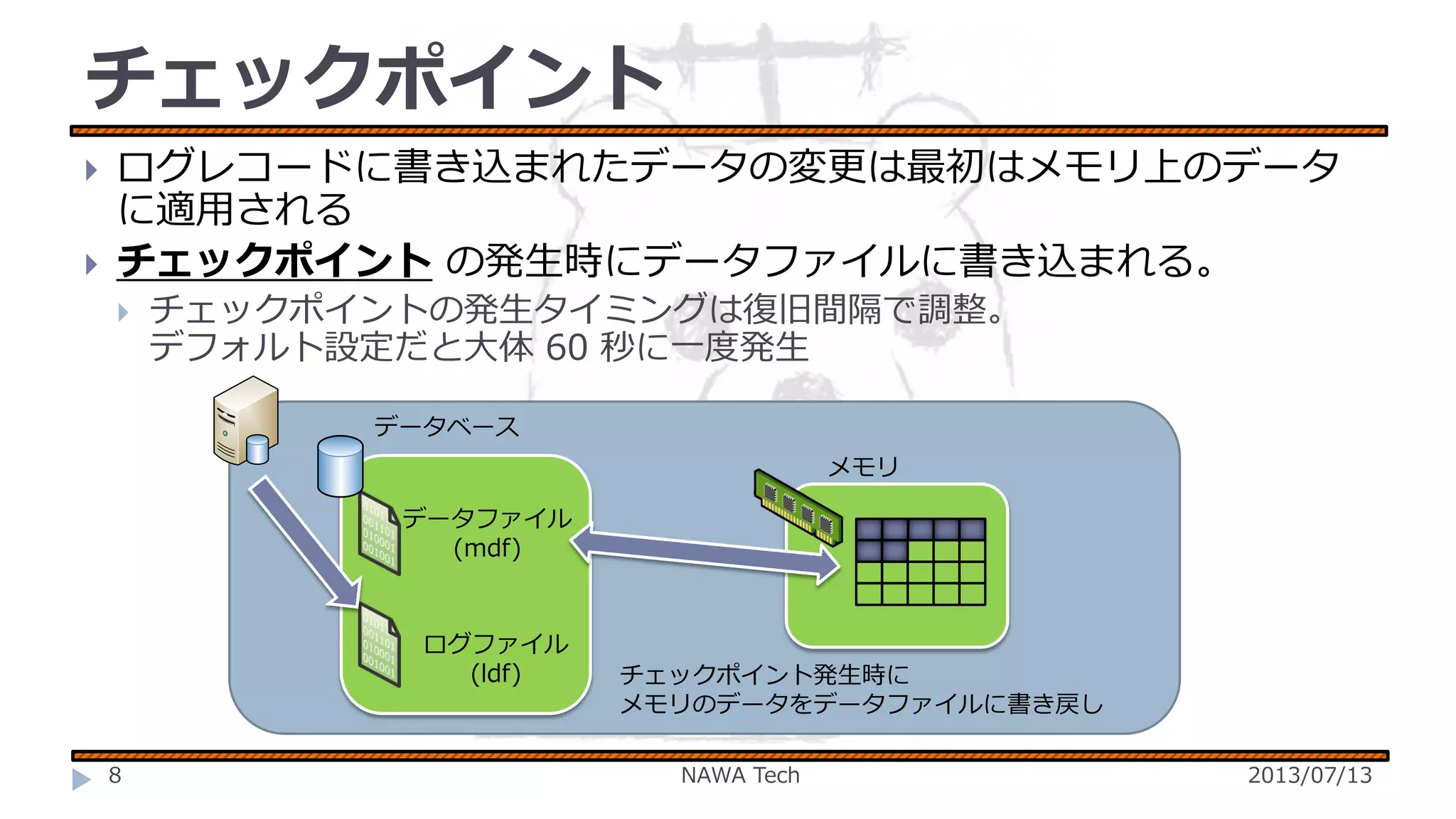 チェックポイント



ログレコードに書き込まれたデータの変更は最初はメモリ上のデータ
に適用される
チェックポイント の発生時にデータファイルに書き込まれる。


チェックポイントの発生タイミングは復旧間隔で調整。
デフォルト設定だと大体 60 秒に一度発生
データベース
メモリ
データファイル
(mdf)

ログファイル
(ldf)

8

チェックポイント発生時に
メモリのデータをデータファイルに書き戻し
NAWA Tech

2013/07/13

 
