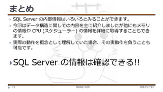 まとめ





SQL Server の内部情報はいろいろとみることができます。
今回はデータ構造に関しての内容を主に紹介しましたが他にもメモリ
の情報や CPU (スケジューラー) の情報を詳細に取得することもでき
ます。
実際の動作を概念として理解していた場合、その実動作を負うことも
可能です。

 SQL

19

Server の情報は確認できる!!
NAWA Tech

2013/07/13

 