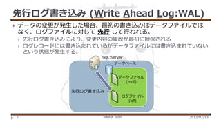 先行ログ書き込み (Write Ahead Log:WAL)


データの変更が発生した場合、最初の書き込みはデータファイルでは
なく、ログファイルに対して 先行 して行われる。



先行ログ書き込みにより、変更内容の履歴が最初に担保される
ログレコードには書き込まれているがデータファイルには書き込まれていない
という状態が発生する。
SQL Server
データベース

データファイル
(mdf)

先行ログ書き込み
ログファイル
(ldf)

6

NAWA Tech

2013/07/13

 