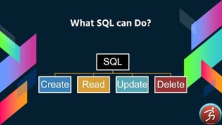 What SQL can Do?
SQL
Create Read Update Delete
 