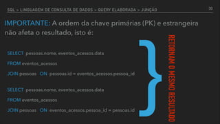 SQL > LINGUAGEM DE CONSULTA DE DADOS > QUERY ELABORADA > JUNÇÃO
IMPORTANTE: A ordem da chave primárias (PK) e estrangeira  
não afeta o resultado, isto é:
SELECT pessoas.nome, eventos_acessos.data
FROM eventos_acessos
JOIN pessoas ON eventos_acessos.pessoa_id = pessoas.id
SELECT pessoas.nome, eventos_acessos.data
FROM eventos_acessos
JOIN pessoas ON pessoas.id = eventos_acessos.pessoa_id
}
RETORNAMOMESMORESULTADO
30
 