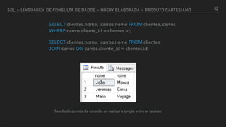 SQL > LINGUAGEM DE CONSULTA DE DADOS > QUERY ELABORADA > PRODUTO CARTESIANO
SELECT clientes.nome, carros.nome FROM clientes, carros 
WHERE carros.cliente_id = clientes.id;
SELECT clientes.nome, carros.nome FROM clientes 
JOIN carros ON carros.cliente_id = clientes.id;
Resultado correto da consulta ao realizar a junção entre as tabelas
52
 