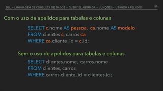 SQL > LINGUAGEM DE CONSULTA DE DADOS > QUERY ELABORADA > JUNÇÕES> USANDO APELIDOS
SELECT c.nome AS pessoa, ca.nome AS modelo 
FROM clientes c, carros ca 
WHERE ca.cliente_id = c.id;
SELECT clientes.nome, carros.nome 
FROM clientes, carros 
WHERE carros.cliente_id = clientes.id;
Com o uso de apelidos para tabelas e colunas
Sem o uso de apelidos para tabelas e colunas
54
 