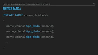 SINTAXE BÁSICA
CREATE TABLE <nome da tabela>
(
nome_coluna1 tipo_dado(tamanho),
nome_coluna2 tipo_dado(tamanho),
nome_coluna3 tipo_dado(tamanho),
...
)
74SQL > LINGUAGEM DE DEFINIÇÃO DE DADOS > TABLE
 