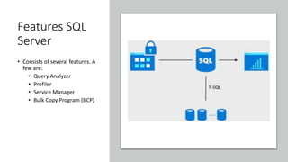 Features SQL
Server
• Consists of several features. A
few are:
• Query Analyzer
• Profiler
• Service Manager
• Bulk Copy Program (BCP)
 