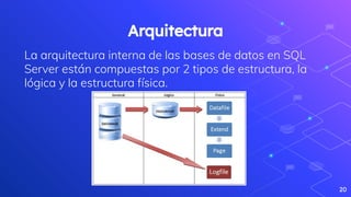 20
Arquitectura
La arquitectura interna de las bases de datos en SQL
Server están compuestas por 2 tipos de estructura, la
lógica y la estructura física.
 