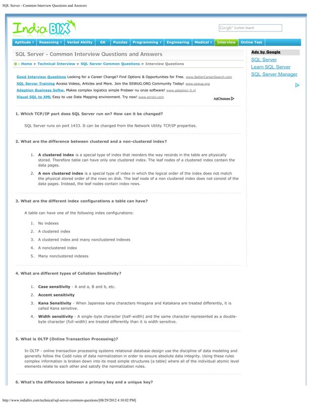 Sql server common interview questions and answers | PDF