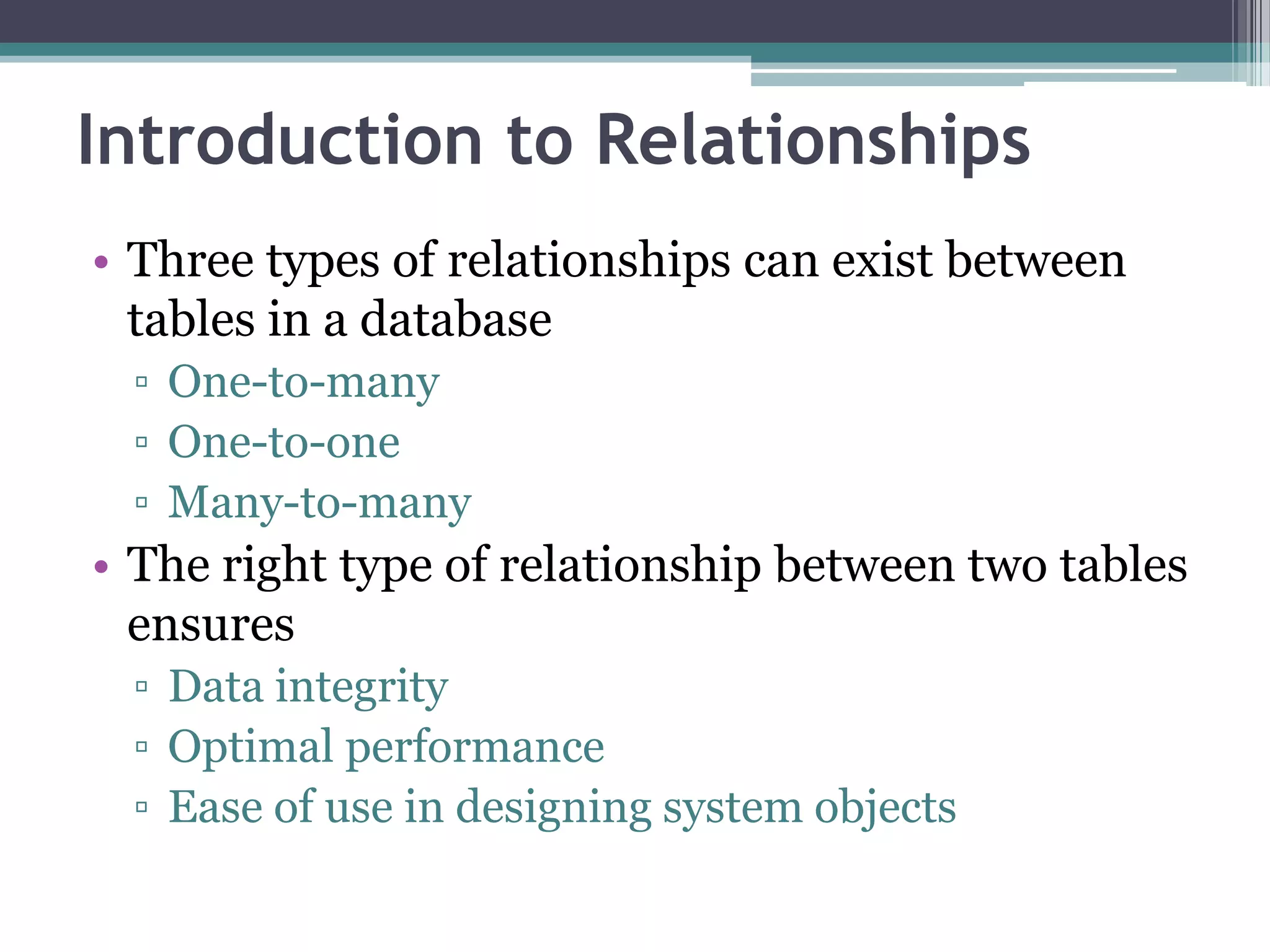 Introduction to Relationships
• Three types of relationships can exist between
tables in a database
▫ One-to-many
▫ One-to-one
▫ Many-to-many
• The right type of relationship between two tables
ensures
▫ Data integrity
▫ Optimal performance
▫ Ease of use in designing system objects
 