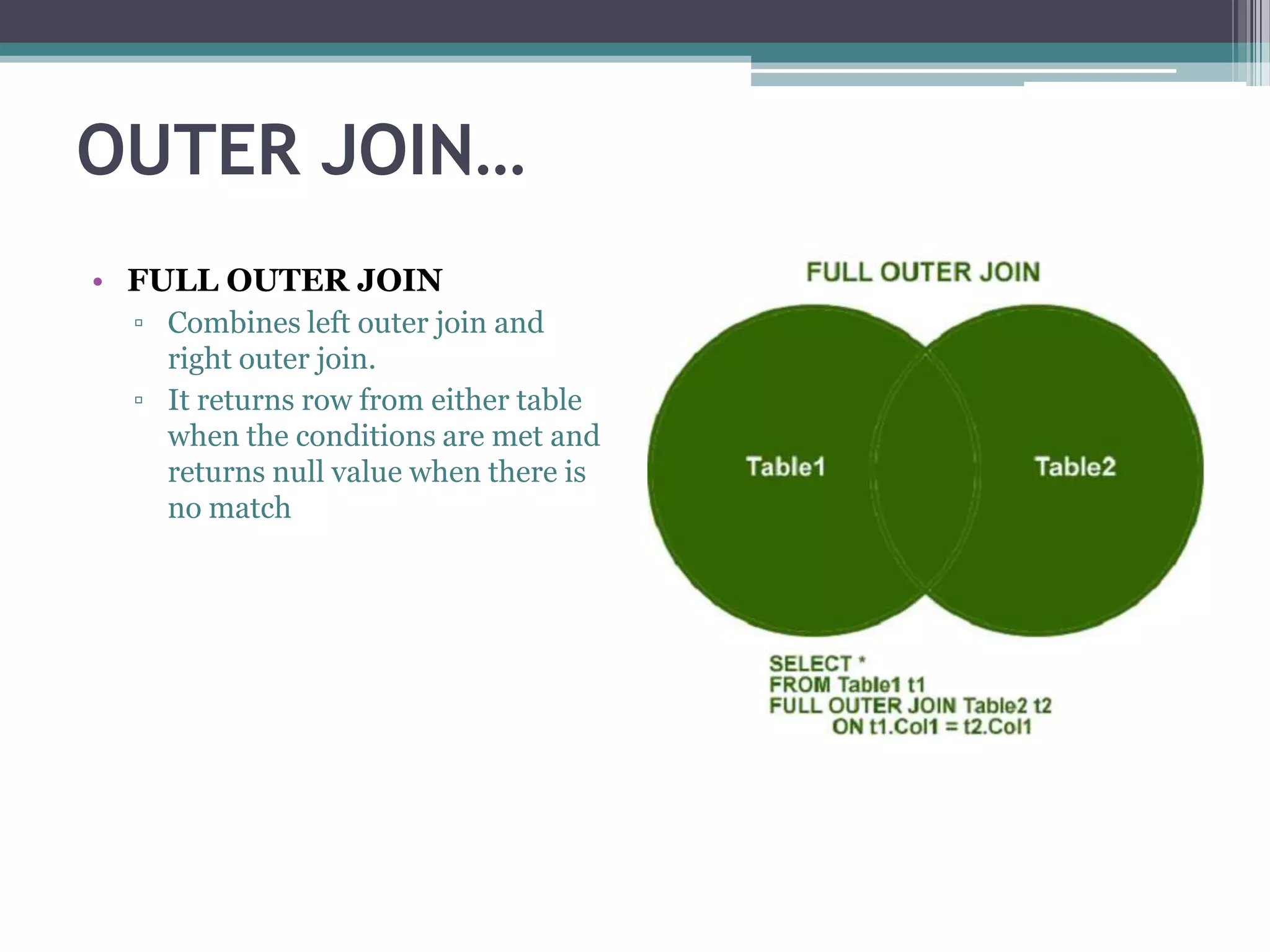 OUTER JOIN…
• FULL OUTER JOIN
▫ Combines left outer join and
right outer join.
▫ It returns row from either table
when the conditions are met and
returns null value when there is
no match
 
