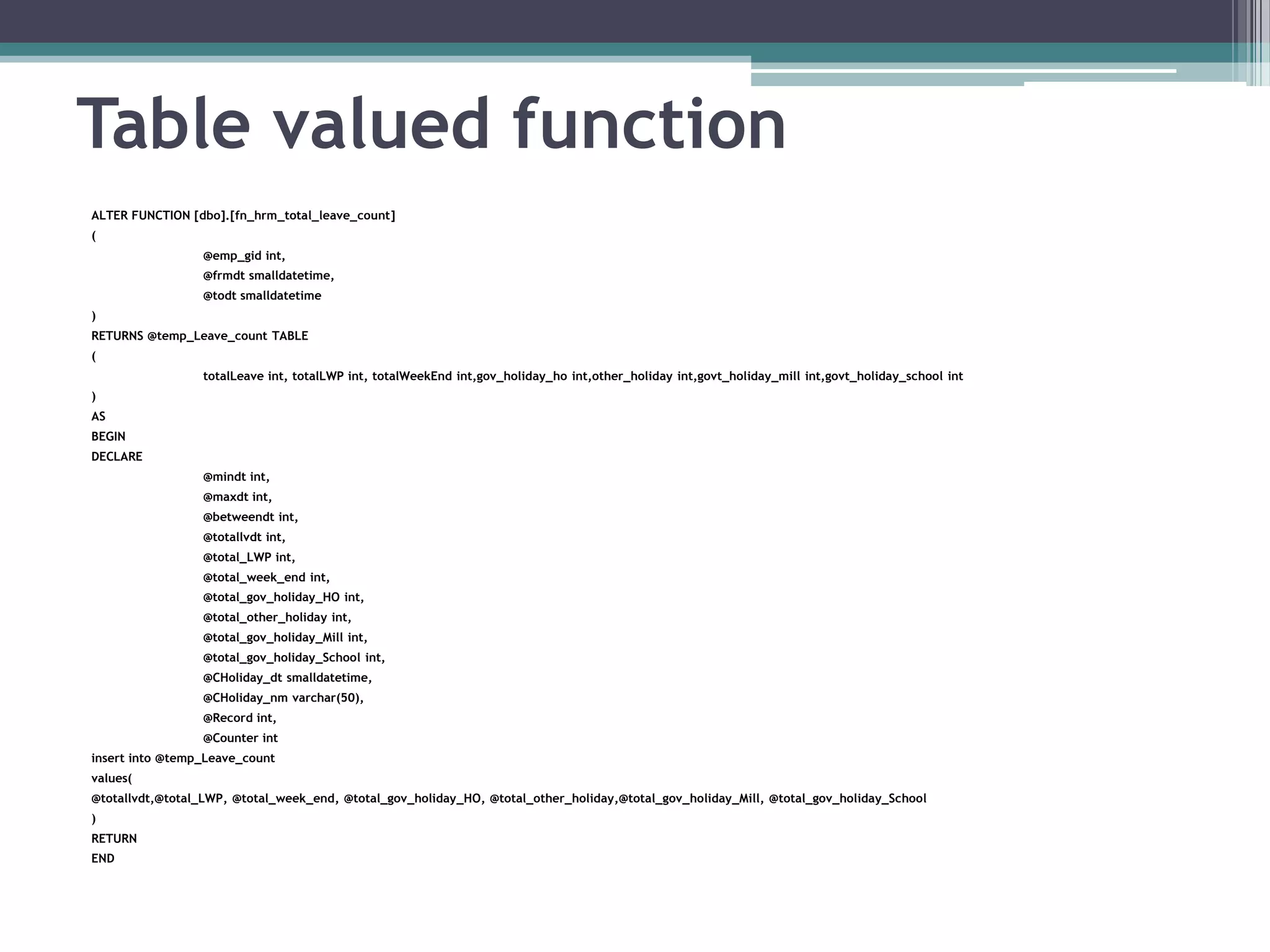 Table valued function
ALTER FUNCTION [dbo].[fn_hrm_total_leave_count]
(
@emp_gid int,
@frmdt smalldatetime,
@todt smalldatetime
)
RETURNS @temp_Leave_count TABLE
(
totalLeave int, totalLWP int, totalWeekEnd int,gov_holiday_ho int,other_holiday int,govt_holiday_mill int,govt_holiday_school int
)
AS
BEGIN
DECLARE
@mindt int,
@maxdt int,
@betweendt int,
@totallvdt int,
@total_LWP int,
@total_week_end int,
@total_gov_holiday_HO int,
@total_other_holiday int,
@total_gov_holiday_Mill int,
@total_gov_holiday_School int,
@CHoliday_dt smalldatetime,
@CHoliday_nm varchar(50),
@Record int,
@Counter int
insert into @temp_Leave_count
values(
@totallvdt,@total_LWP, @total_week_end, @total_gov_holiday_HO, @total_other_holiday,@total_gov_holiday_Mill, @total_gov_holiday_School
)
RETURN
END
 