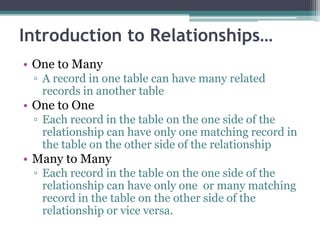 Introduction to Relationships…
• One to Many
▫ A record in one table can have many related
records in another table
• One to One
▫ Each record in the table on the one side of the
relationship can have only one matching record in
the table on the other side of the relationship
• Many to Many
▫ Each record in the table on the one side of the
relationship can have only one or many matching
record in the table on the other side of the
relationship or vice versa.
 