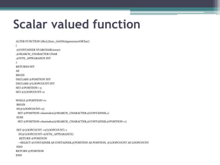 Scalar valued function
ALTER FUNCTION [dbo].[func_GetNthAppearanceOfChar]
(
@CONTAINER NVARCHAR(2000)
,@SEARCH_CHARACTER CHAR
,@NTH_APPEARANCE INT
)
RETURNS INT
AS
BEGIN
DECLARE @POSITION INT
DECLARE @LOOPCOUNT INT
SET @POSITION=-5
SET @LOOPCOUNT=0
WHILE @POSITION!=0
BEGIN
IF(@LOOPCOUNT=0)
SET @POSITION=charindex(@SEARCH_CHARACTER,@CONTAINER,1)
ELSE
SET @POSITION=charindex(@SEARCH_CHARACTER,@CONTAINER,@POSITION+1)
SET @LOOPCOUNT =@LOOPCOUNT+1
IF(@LOOPCOUNT=@NTH_APPEARANCE)
RETURN @POSITION
--SELECT @CONTAINER AS CONTAINER,@POSITION AS POSITION, @LOOPCOUNT AS LOOPCOUNT
END
RETURN @POSITION
END
 