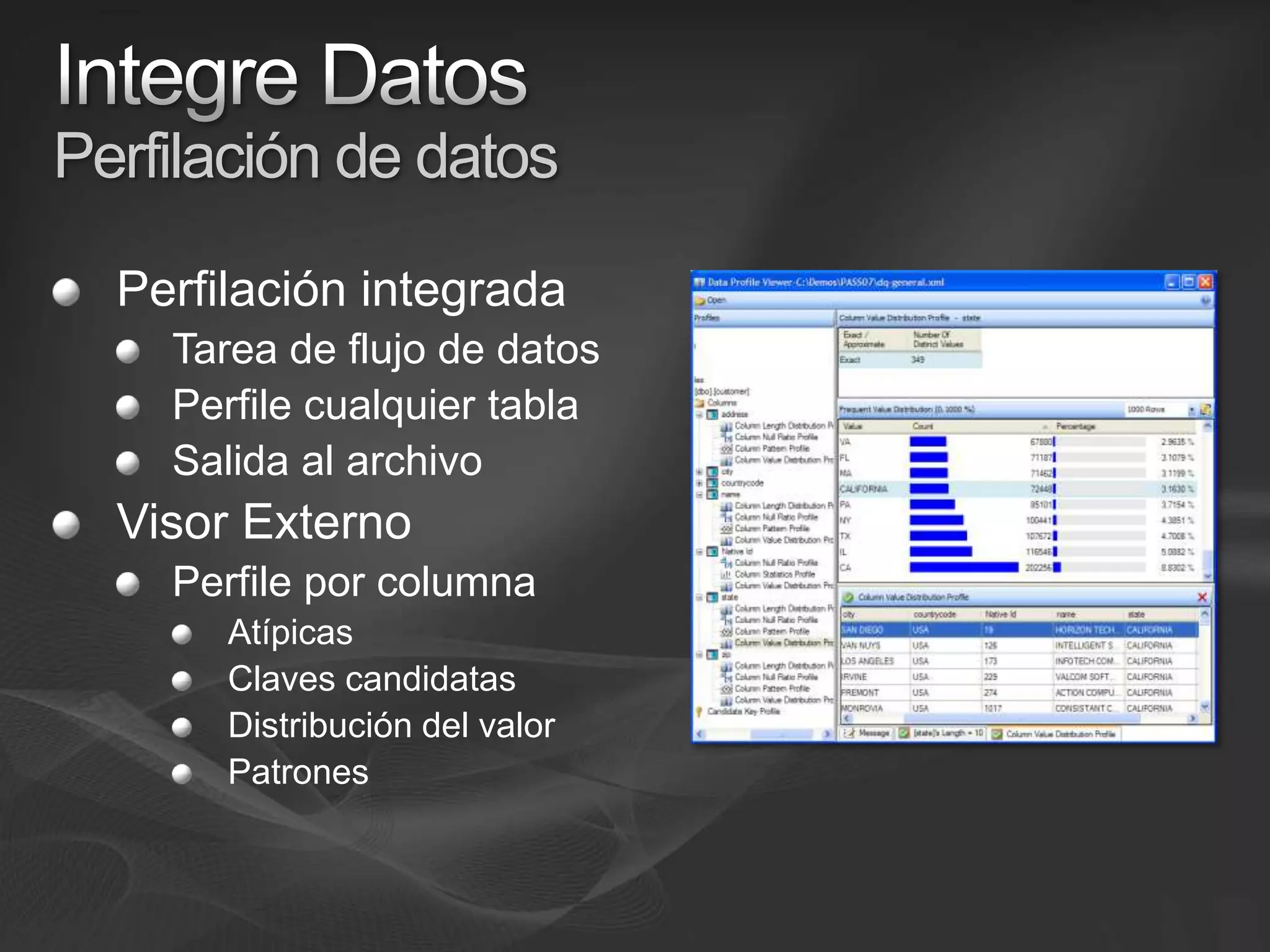 Integre DatosPerfilación de datosPerfilación integradaTarea de flujo de datosPerfile cualquier tablaSalida al archivoVisor ExternoPerfile por columnaAtípicasClaves candidatasDistribución del valorPatrones