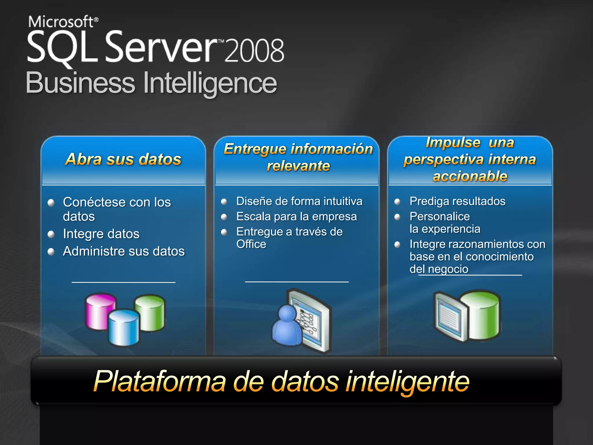 Business IntelligenceEntregue información relevanteAbra sus datosImpulse  una perspectiva interna accionablePrediga resultadosPersonalice la experienciaIntegre razonamientos con base en el conocimiento del negocio Diseñe de forma intuitivaEscala para la empresaEntregue a través de OfficeConéctese con los datos Integre datosAdministre sus datosPlataforma de datos inteligente