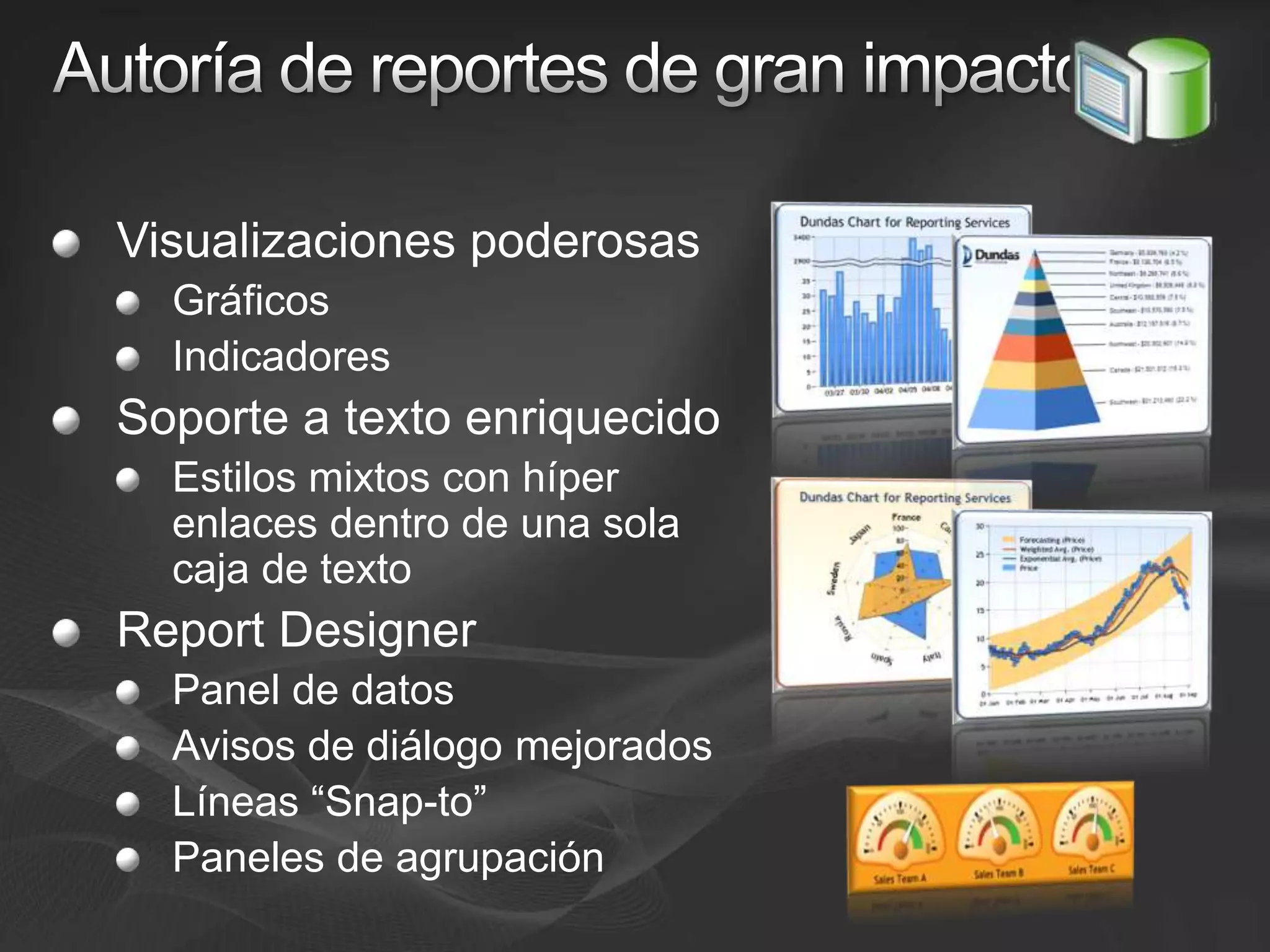 Autoría de reportes de gran impacto Visualizaciones poderosasGráficosIndicadoresSoporte a texto enriquecidoEstilos mixtos con híper enlaces dentro de una sola caja de textoReport Designer Panel de datosAvisos de diálogo mejoradosLíneas “Snap-to”Paneles de agrupación
