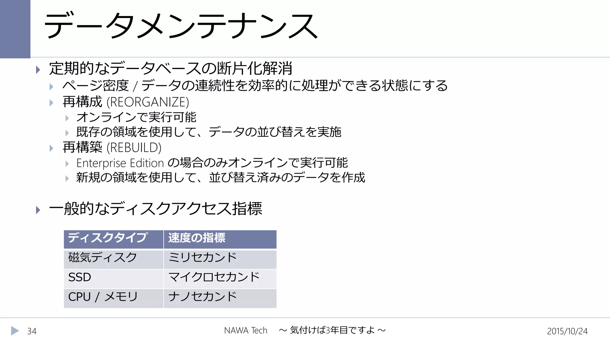 データメンテナンス
2015/10/24NAWA Tech ～ 気付けば3年目ですよ ～34
 定期的なデータベースの断片化解消
 ページ密度 / データの連続性を効率的に処理ができる状態にする
 再構成 (REORGANIZE)
 オンラインで実行可能
 既存の領域を使用して、データの並び替えを実施
 再構築 (REBUILD)
 Enterprise Edition の場合のみオンラインで実行可能
 新規の領域を使用して、並び替え済みのデータを作成
 一般的なディスクアクセス指標
ディスクタイプ 速度の指標
磁気ディスク ミリセカンド
SSD マイクロセカンド
CPU / メモリ ナノセカンド
 