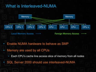 What is Interleaved-NUMA

             Memory                              Memory



 CPU 0   CPU 1    CPU 2    CPU 3   CPU …    CPU …     CPU …     CPU n


     Local Memory Access                Foreign Memory Access



• Enable NUMA hardware to behave as SMP

• Memory are used by all CPUs
   • Each CPU’s cache line access slice of memory from all nodes

• SQL Server 2000 should use interleaved-NUMA
 