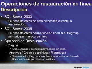 Operaciones de restauración en línea
Descripción
• SQL Server 2000
– La base de datos no esta disponible durante la
restauración.
• SQL Server 2005
– La base de datos permanece en línea si el filegroup
primario permanece en línea
• Opciones de Restauración
– Pagina
• Otras paginas y archivos permanecen en linea.
– Archivos / Grupo de archivos (Filegroups)
• Solamente los filegroups afectados se encuentran fuera de
línea los demás permanecen en línea.
 