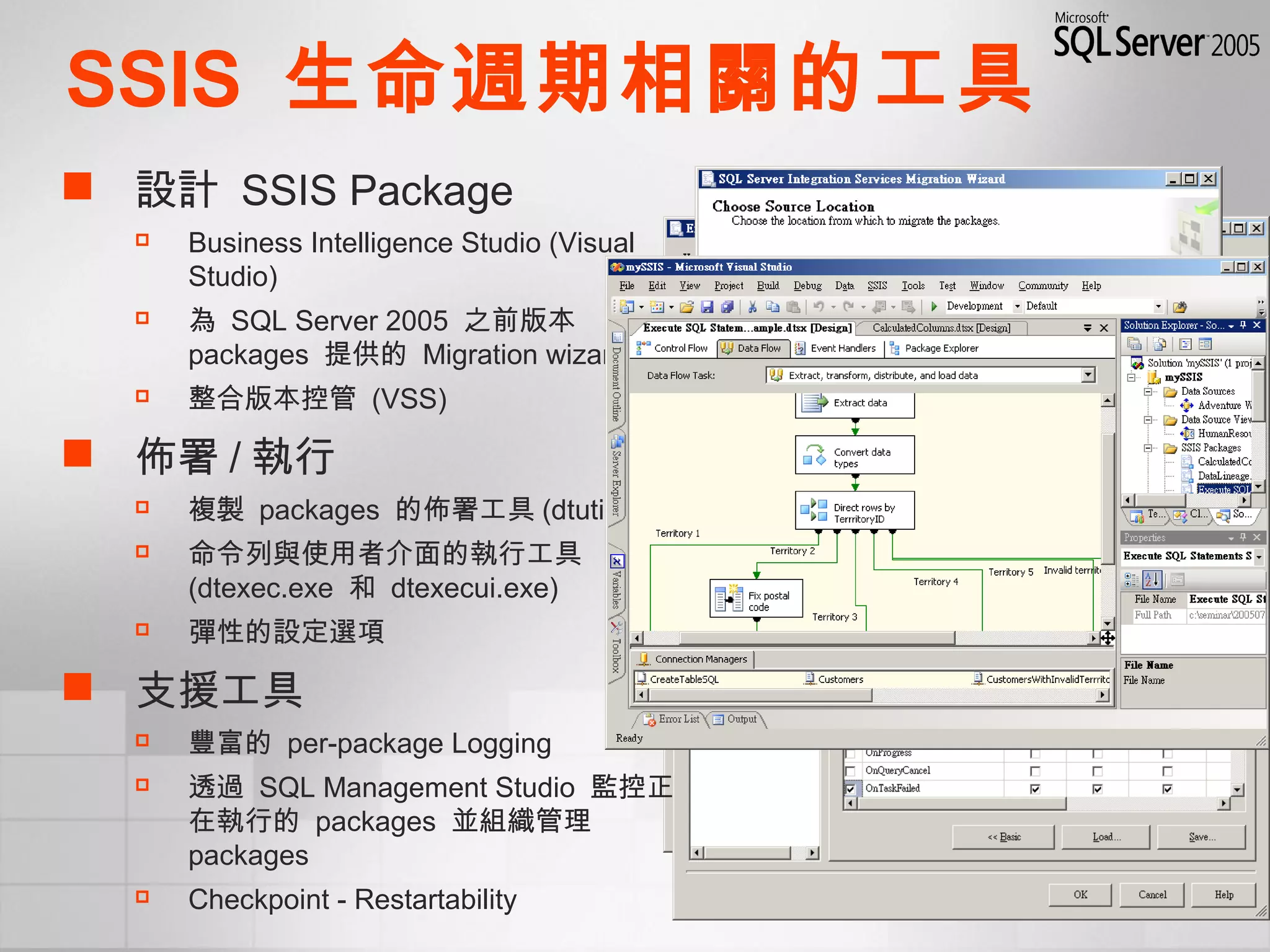 SSIS 生命週期相關的工具
 設計 SSIS Package
 Business Intelligence Studio (Visual
Studio)
 為 SQL Server 2005 之前版本
packages 提供的 Migration wizard
 整合版本控管 (VSS)
 佈署 / 執行
 複製 packages 的佈署工具 (dtutil.exe)
 命令列與使用者介面的執行工具
(dtexec.exe 和 dtexecui.exe)
 彈性的設定選項
 支援工具
 豐富的 per-package Logging
 透過 SQL Management Studio 監控正
在執行的 packages 並組織管理
packages
 Checkpoint - Restartability
 