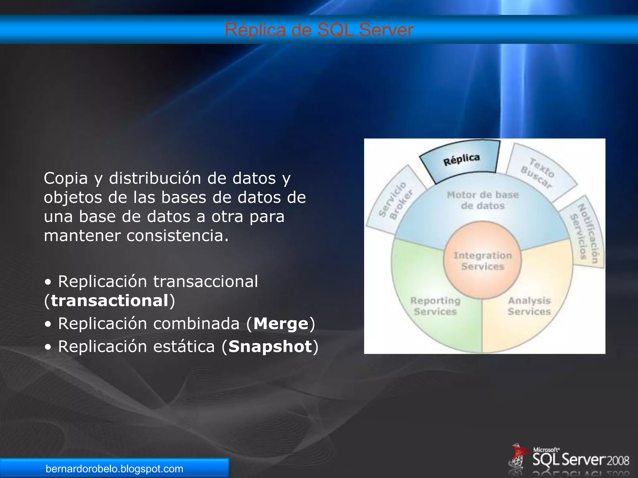 Tablas para el almacenamiento de datos, índices, vistas, y procedimientos almacenados.Microsoft SQL Server AnalysisServices (SSAS)Ofrece funciones de procesamiento analítico en línea (OLAP) y minería de datos para aplicaciones de Business Intelligence. Admite OLAP y permite diseñar, crear y administrar estructuras multidimensionales que contienen datos agregados desde otros orígenes de datos, como bases de datos relacionales. OLAP.Se diseñan, crean, y gestionan estructuras multidimencionales.Trabajacon datos de:
