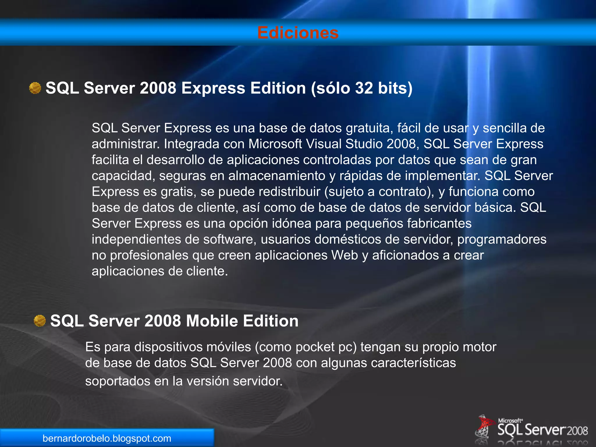  Replicación estática (Snapshot)SQL Server ReportingServicesPermite el almacenamiento de reportes, controla el acceso, y determina cómo se van a visualizar y distribuir.